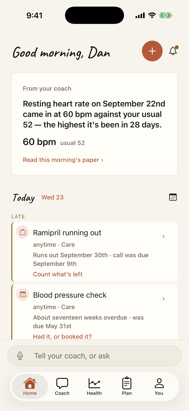 Wake up knowing what matters — and what to do first — Overnight it read your night, your week and what you said you'd do. One morning read, not five apps.