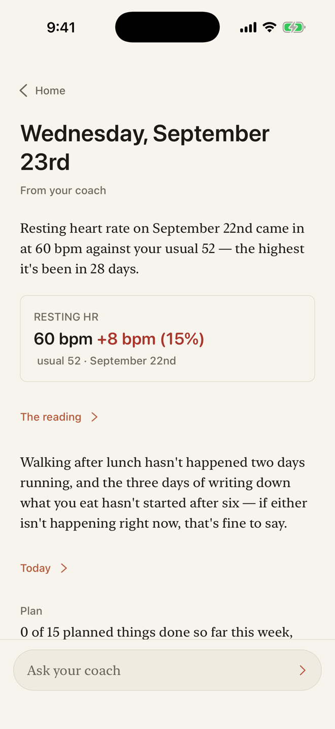 Is any of it working? Find out every morning. — A short paper written for you overnight: how you're doing against your own usual, what slipped, and what it would take to know more.