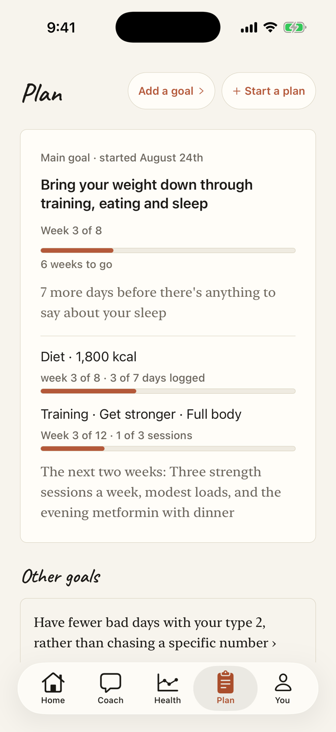 One thing you're working on — and how the week is going — One goal with a date on it, and the diet and training that serve it — this week's days logged and sessions done, read against the plan. Not a list of everything you could track.