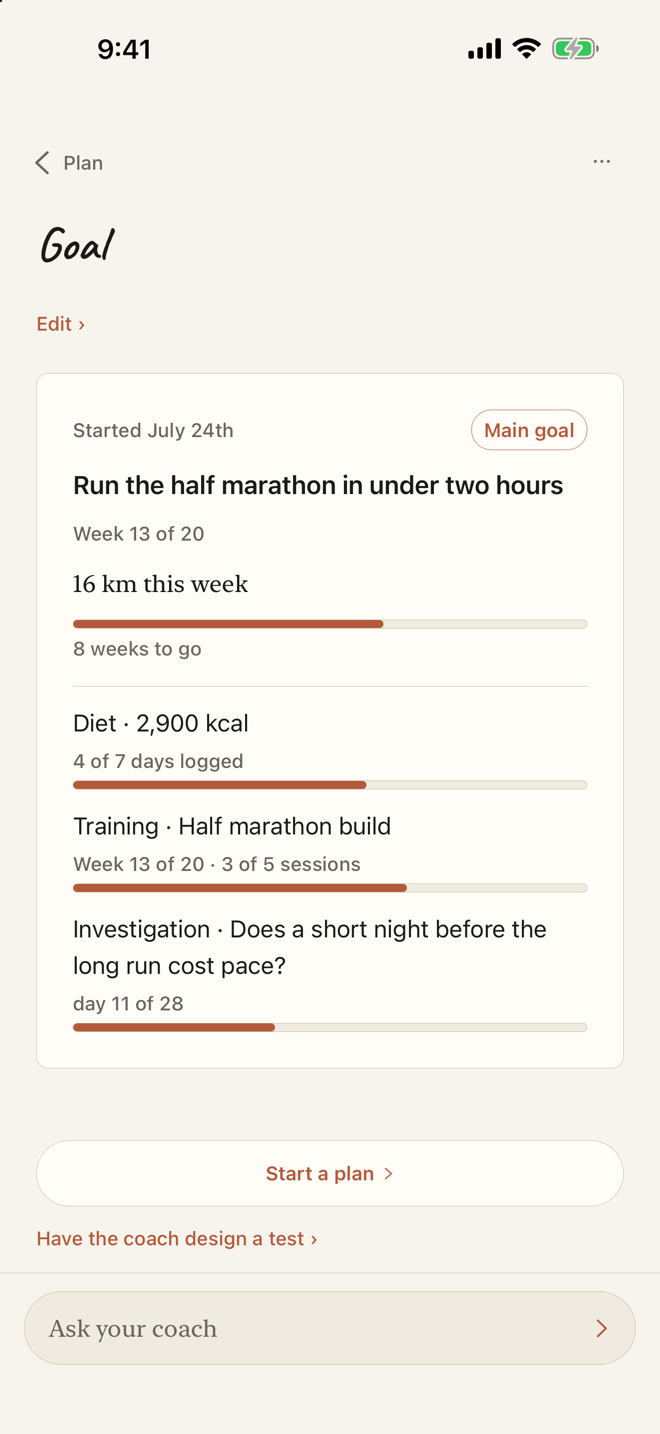 Say where you want to be. Get a plan you can actually keep. — A goal with a date on it, and the training, the eating and the one question worth testing - each proposed for you, adjusted as the weeks go, read against what you did.