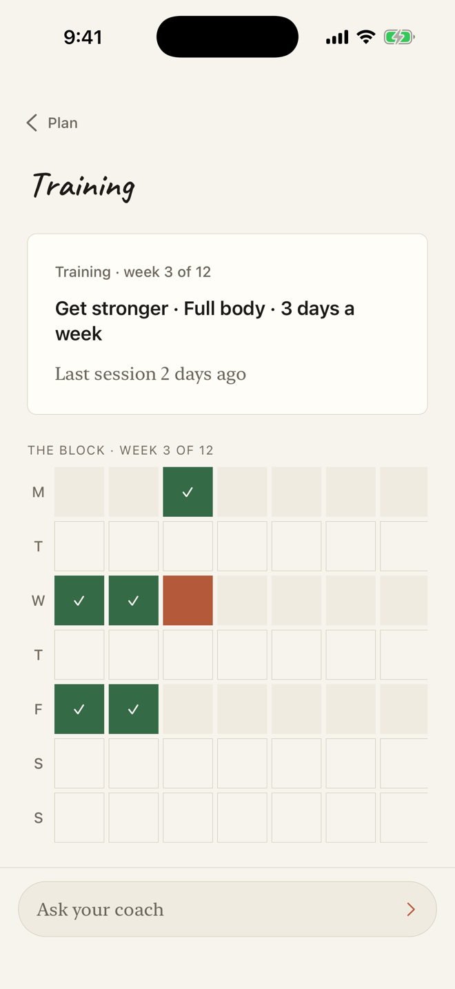 A goal with a plan, and a week's progress — Twelve weeks you can see at a glance — done, today, still to come. Log a session and the next one is set from it.