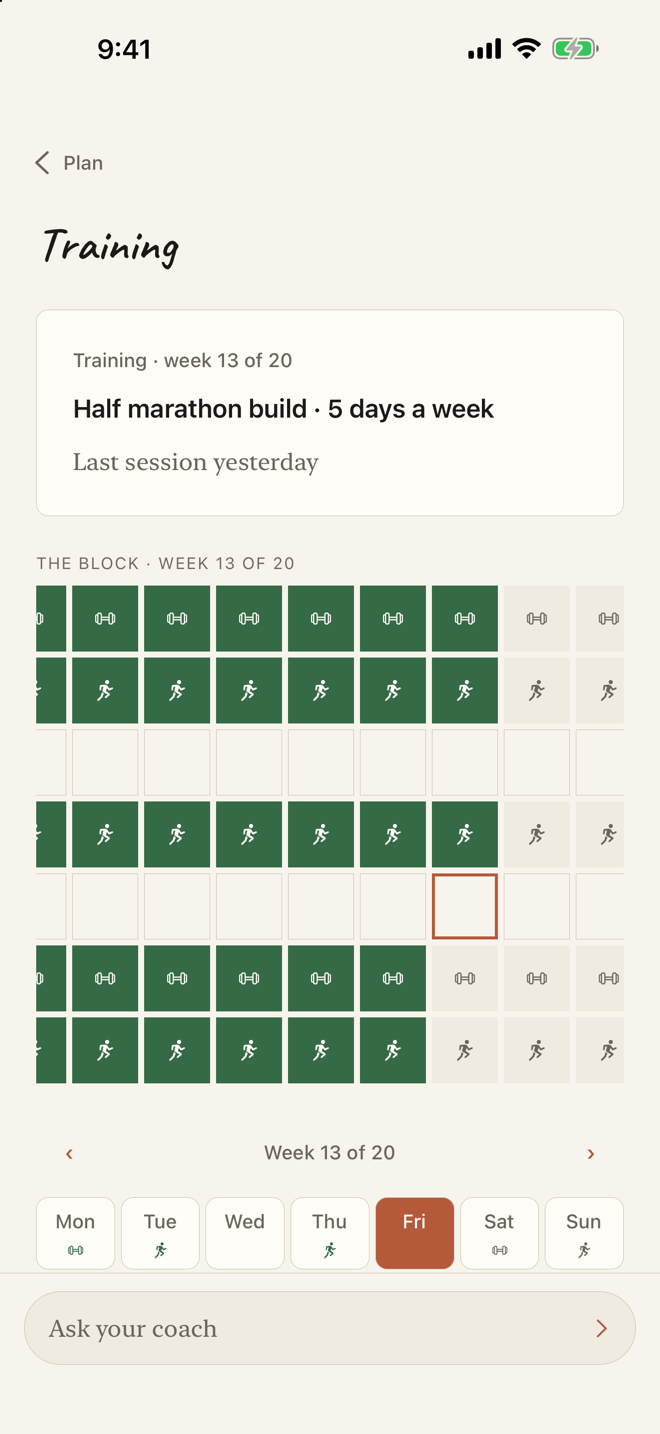 Training that bends around your week instead of breaking. — Lifts, runs, games and mobility on one calendar. Move the long run, miss a session, log as you go - the block reads it and the next session starts from what you actually did.
